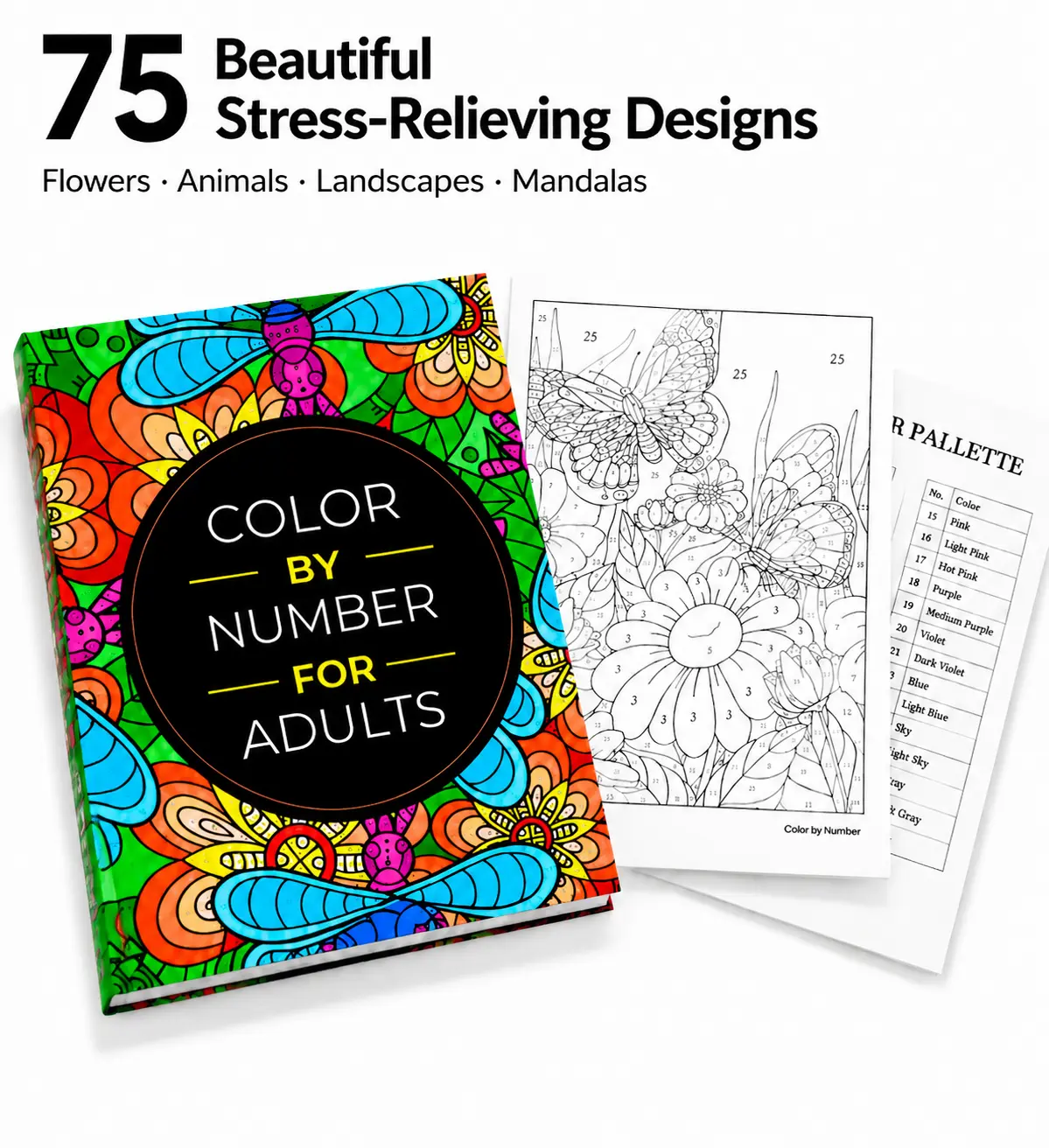 Adult Coloring Book - 75 Designs, Stress Relief Coloring Supplies for Kids, Mindfulness Screen-Free Activity Book with Flowers, Animals, Landscapes, Mandalas (Toys & Hobbies DIY Painting Supplies)