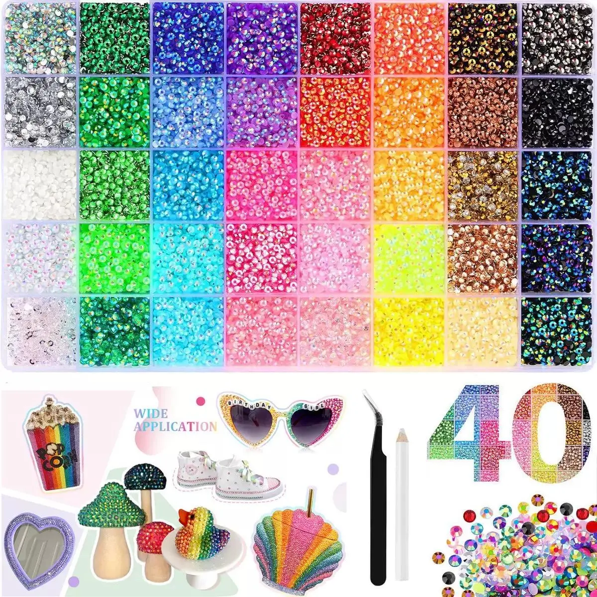 40-Color DIY Rhinestone Bedazzling Craft Kit (40,000 Pcs) with Crafts Tools, Resin Stones, Picker Pencil, Bedazzled Look for Nail Art, Ideal for Diamond Arts Her Gift