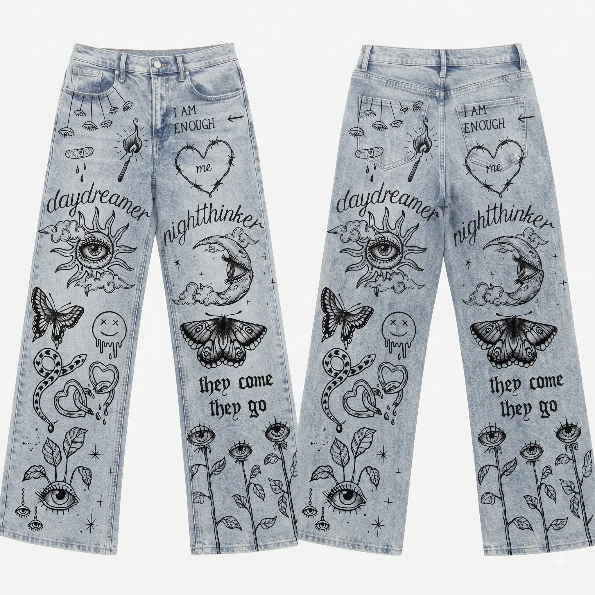 Vintage Light Wash Baggy Jeans Tattoo Doodle Graphic Printed Wide Leg Denim Pants Y2K Streetwear