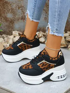 Women's Fashion Wedge Platform Hidden Heel Casual Sneakers with Yellow Leopard Print Design, All-Season for Daily & Commute Wear, Must-Have for Petite Women, Ideal Gift for Friends