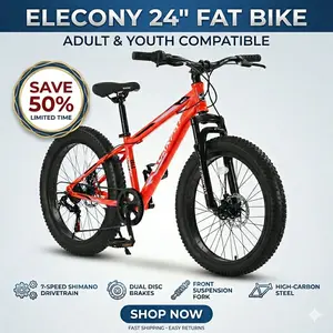 Elecony 24 Inch Fat Tire Bike, Full Shimano 7-Speed Mountain Bike, Dual Disc Brake, High-Carbon Steel Frame, Front Suspension, 4" Wide Tires for Adult/Youth, Mountain Trail, Urban Commuter, City Bicycle, Beach & Camping Outdoor Activities tall women
