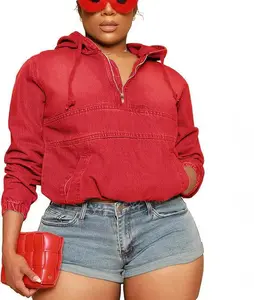 Denim Hood Jacket - Casual Fitted Long Sleeve Hooded Jacket with Pocket Design for All Seasons Outerwear Womenswear Longsleeves Trendy Comfy Stylish