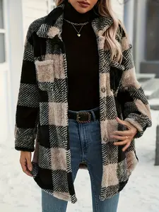 Women's Fashion Plaid Check Fleece Long Sleeve Jacket with Pockets, Full Button Soft Warm Coat for Fall Winter, Classic Fit Comfortable Trendy Outerwear Womenswear