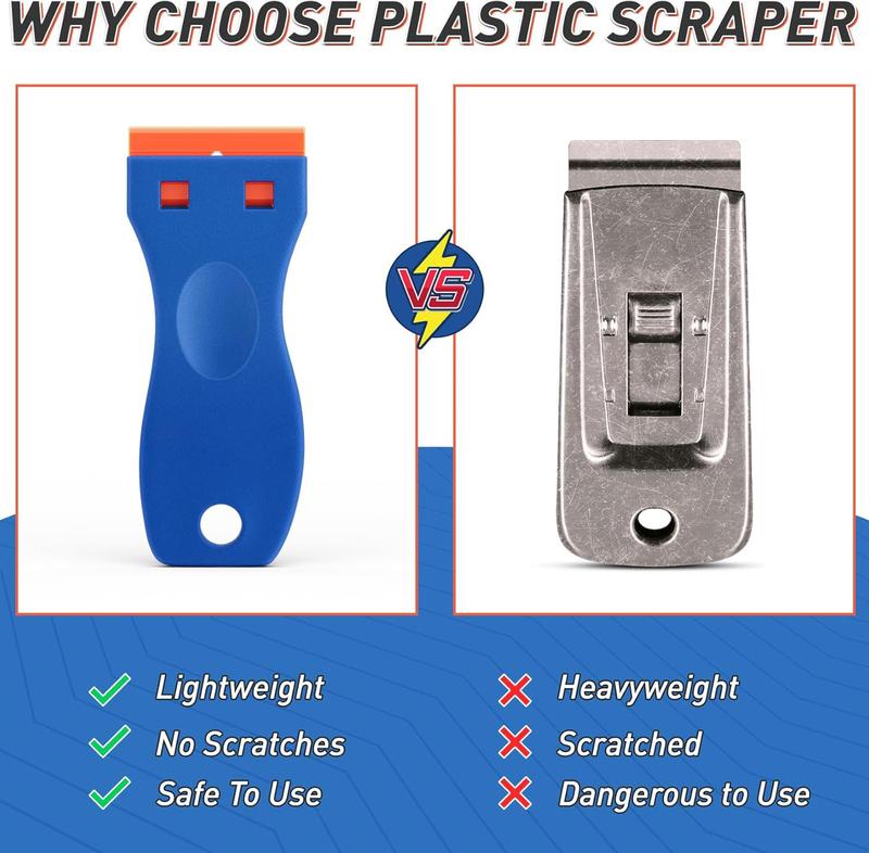 2 Pack Plastic Razor Blade Scrapers with 100 Plastic Blade Refills, Multi-Purpose Glue Remover Tool for Household Cleaning and Car Vinyl, Stickers, Labels and Adhesive Removal