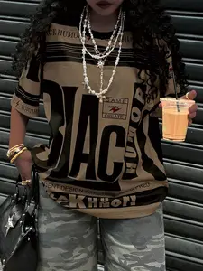 Women's Loose Fit Streetwear Vibe All-Over Printed Tee, Game Work Create Design, Perfect for Casual Wear & Daily, Womenswear