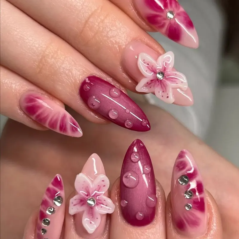 Nailennium Fuchsia Blossom Premium Handmade Press On Nails | 10pcs Press On Nails | Long nails | Almond nails | Short nails | Stiletto nails | Ballerina nails | Square nails | Coffin nails | Acrylic nails I Cute | Glossy nail art nail stick false nail