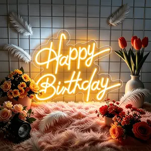 Warm Yellow Happy Birthday Neon Sign, USB Powered Dimmable LED Neon Light, Birthday Party Backdrop Wall Decor, Ideal Birthday Gift for Kids Teens Adults Bedroom & Party Decoration