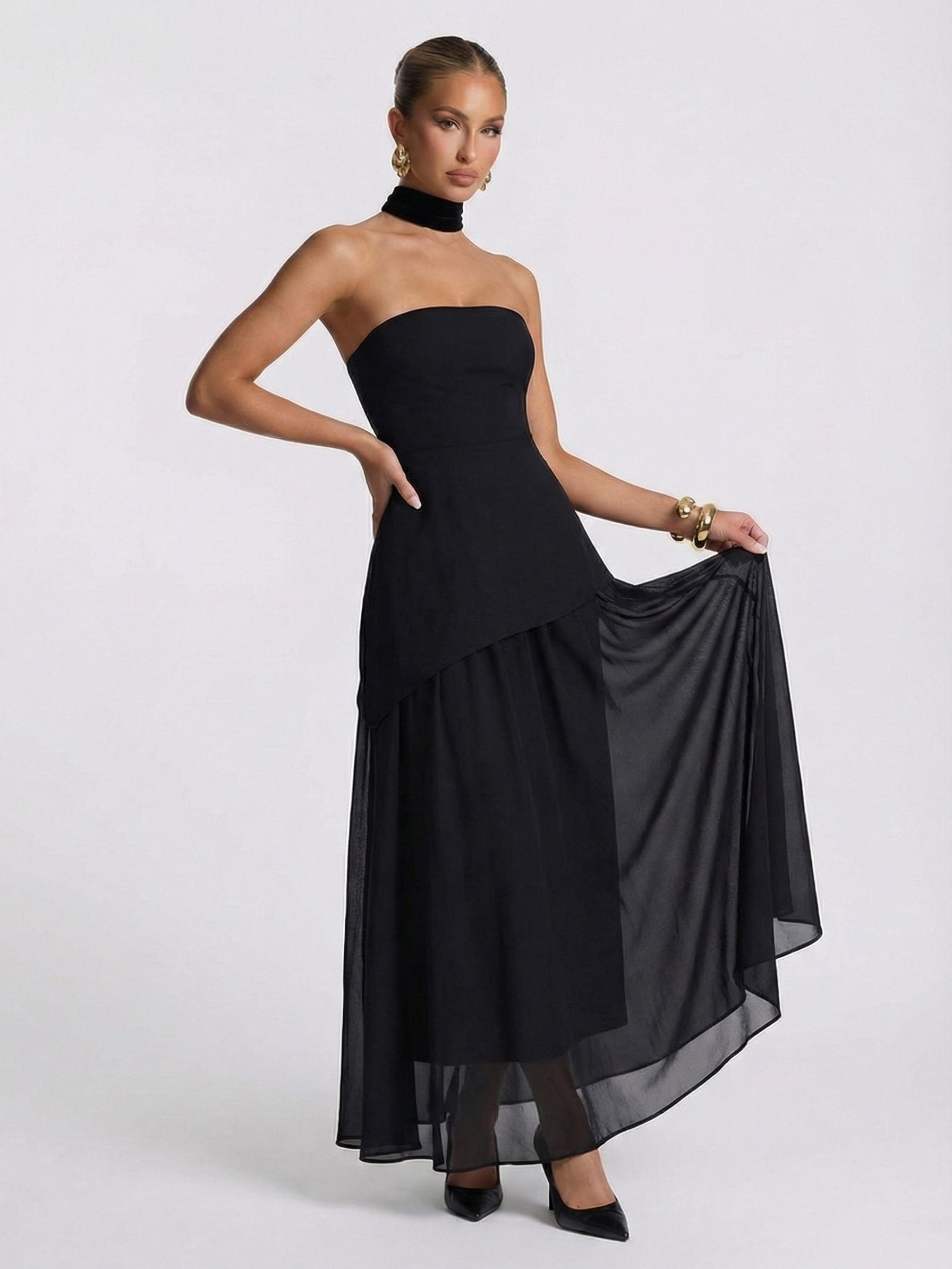 LikeMyChoice Elegant Strapless Mesh-Spliced Slit Maxi Dress in Black with Asymmetrical Hem and Flowy Layers Formal Tube LikeMyChoice Elegant Strapless Mesh-Spliced Slit Maxi Dress in Black with Asymmetrical Hem and Flowy Layers Formal Tube