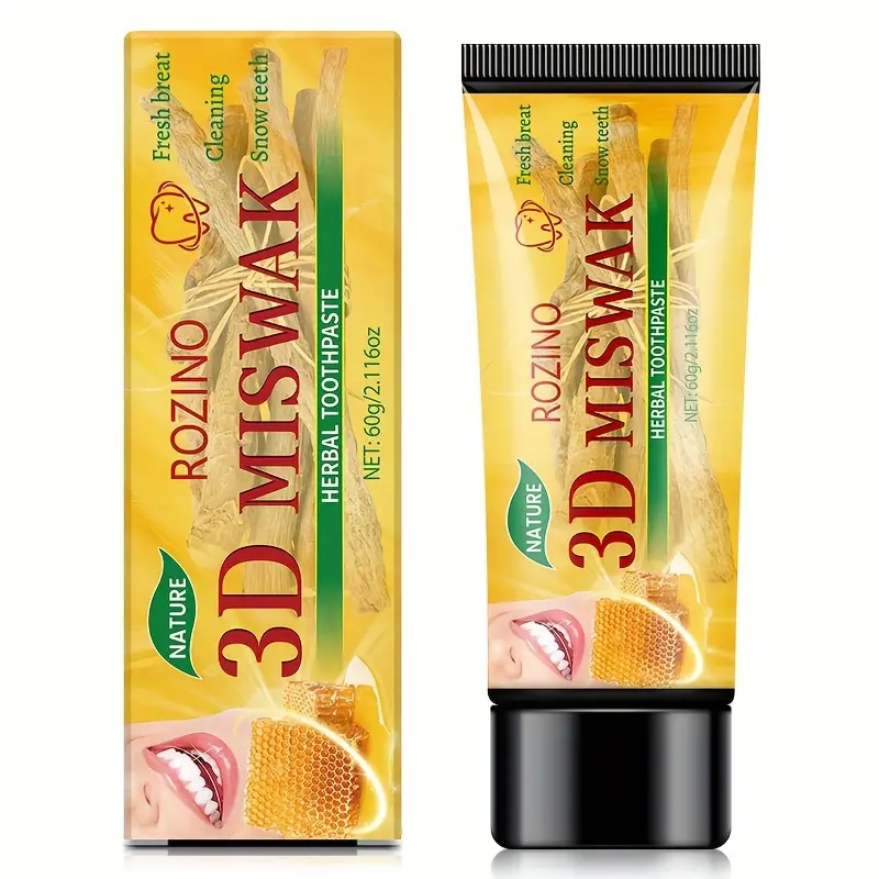 Rozino 3D Natural Miswak Herbal Toothpaste with Miswak Extract, Honey & Mint - Clean Teeth, Fresh Breath - For Daily Oral Care - 60g/2.116oz