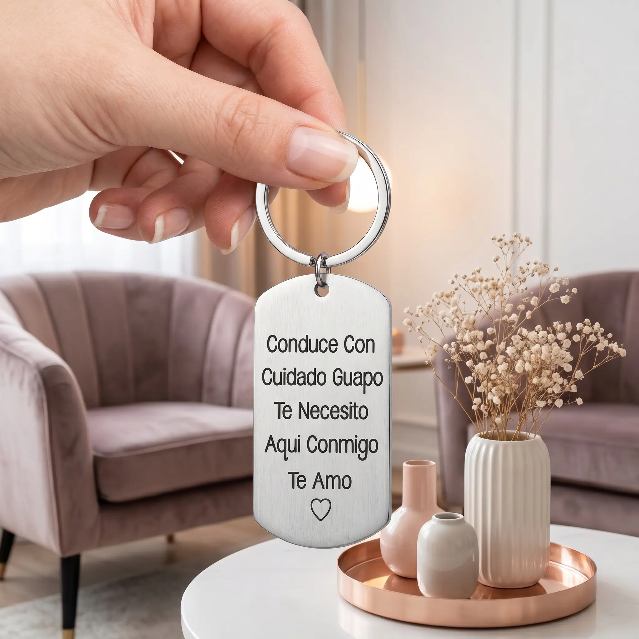 Stainless Steel Keychain - Personalized Concise Letter Pattern, Daily Love Reminder with Spanish Quote, Car Keys/Backpack Accessory for Safe Driving, Birthday Gift for Men & Women-MM1