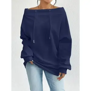 Women'S Casual Off-Shoulder Pullover Sweatshirt, Solid Color Polyester Knit Fabric with Slight Stretch, Drawstring Detail