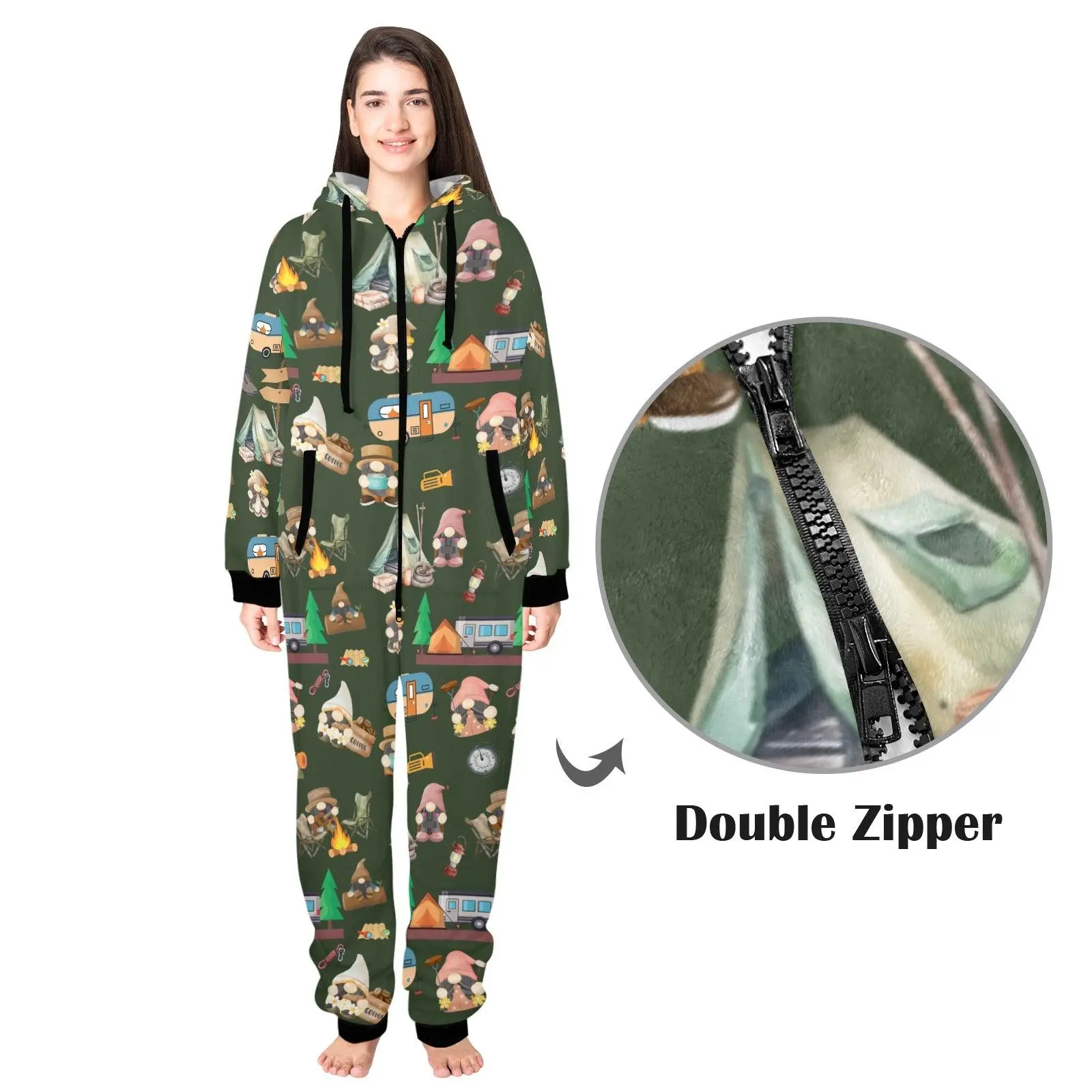 Camping with my Gnomies Hooded Onesie Pajamas For Adults