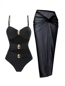 Women's Luxury Swimsuit Set,  Cutout One-Piece with Gold Accents and Mesh Wrap Skirt, Bathing Suit for Women, Perfect for Beach, Pool & Resort Wear