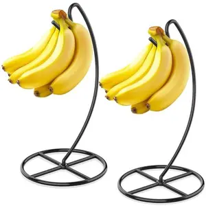 2 Pack Banana Holder, Banana Tree Stand Metal, Banana Stand Holder, Holds Up to 15LB Banana or Grape, Banana Rack for Kitchen Counter, Black