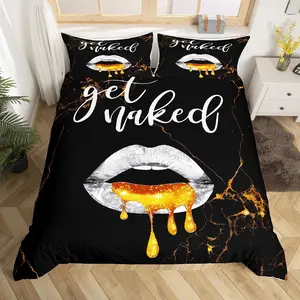 Feelyou King Size Black Gold Marble Pattern Duvet Cover Set - Ultra Soft, Breathable, Decorative Bedroom Bedding Set with Sexy Lips "Get Naked" Funny Quote Design, No Comforter Included