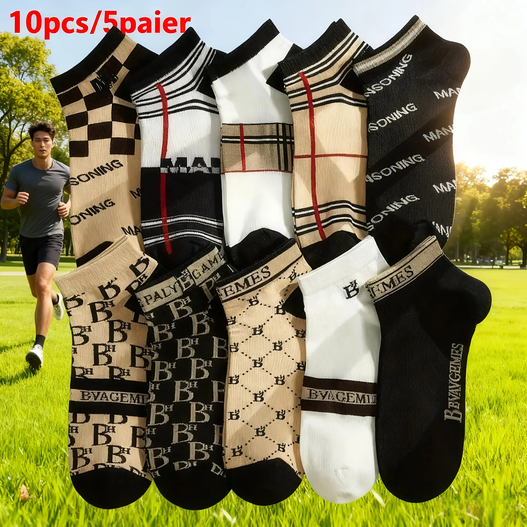 Men's 10-Pair Track Socks, Casual Solid Color Thin Knit, Soft & Breathable Polyester-Cotton Blend for Daily Universal Wear, Male, Cold Wash Ok