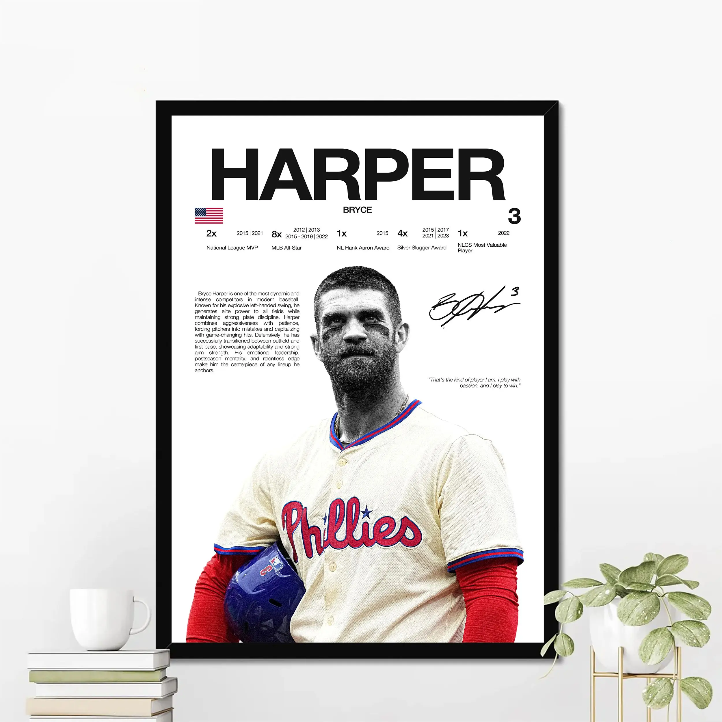 Bryce Harper Philadelphia Baseball Poster | Hardline Series Wall Art | Aesthetic Game Day Decor | Sports Fan Gift