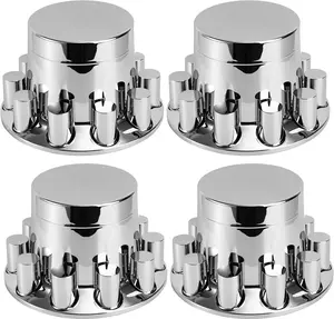 4 Rear Flat Top Axle Hub Covers with 33mm Thread-On Chrome Lug Nut Covers for Semi Trucks