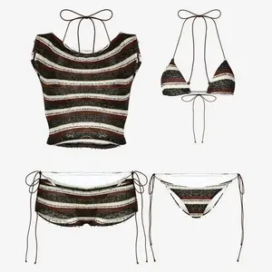 Women's Vintage 3-Piece High-Waist Push-Up Cut Bikini Set - Polyester Fabric, High-Cut Leg, Tummy Control Beach Bathing Suit, 2026 Fashion Tummy Control Swimwear