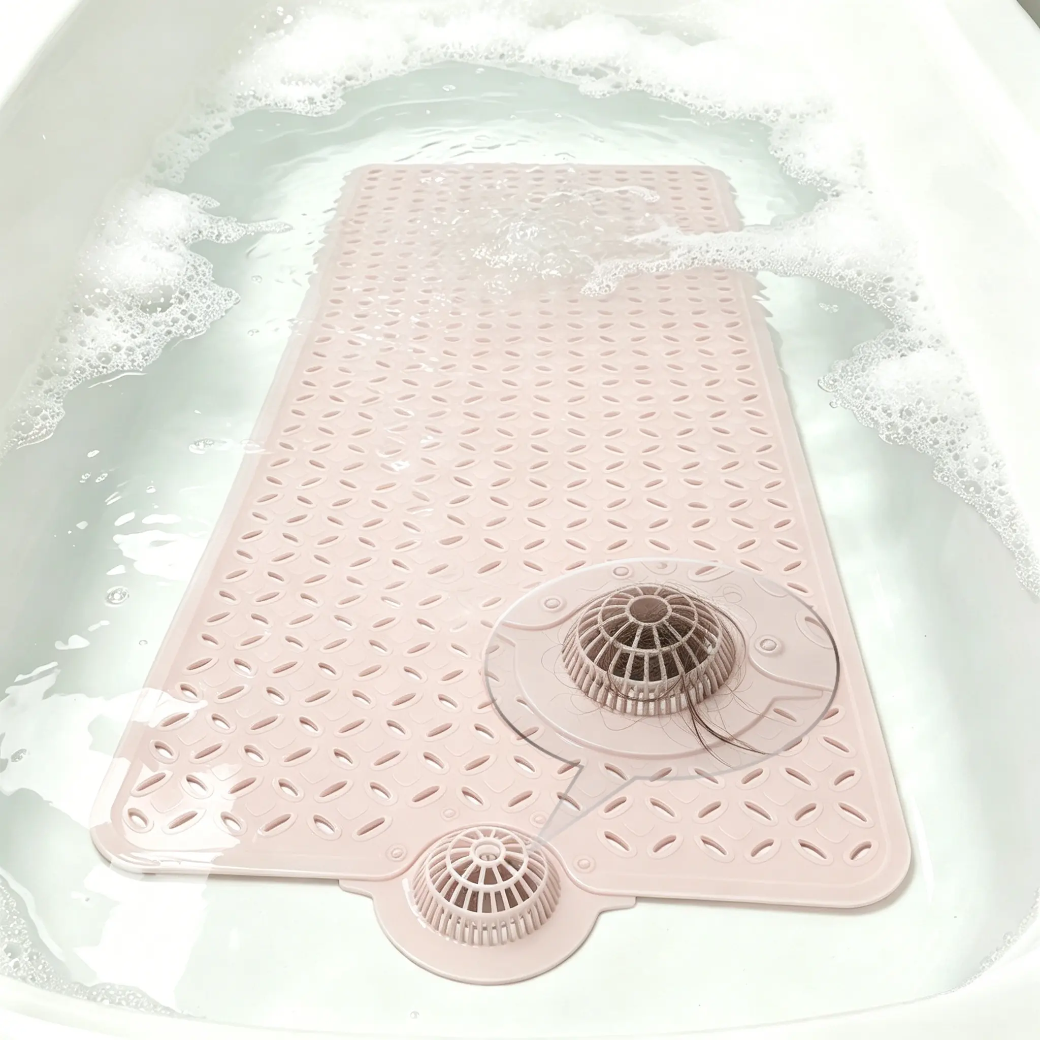 Non Slip Shower Mat 39" X 17", Hair Catcher & Big Drain Holes, Soft Machine Washable Bathtub Mat for Inside Shower
