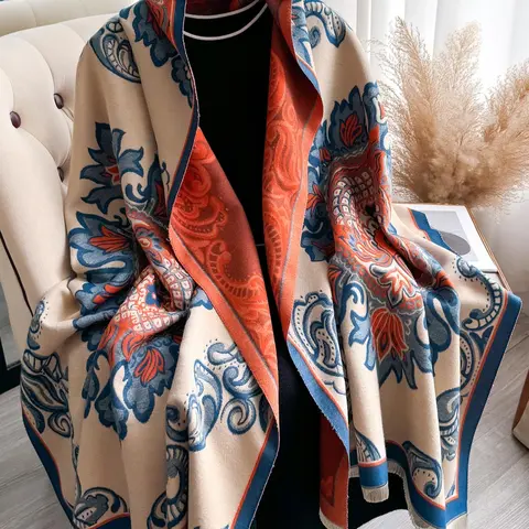 Ethnic Pattern Fringe Trim Shawl, Casual Soft Warm Long Scarf for Fall & Winter, Boho Style Scarf, Fashion Accessories for Women & Men