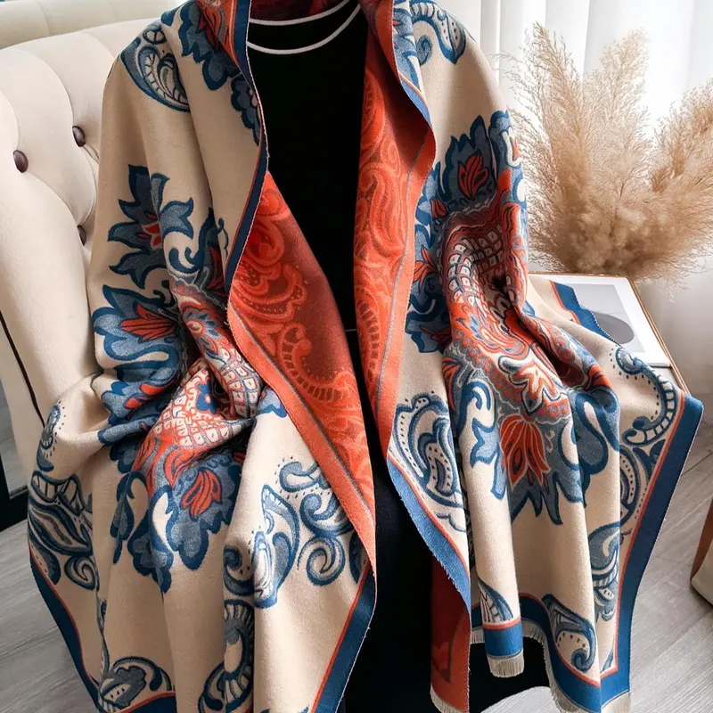 Ethnic Pattern Fringe Trim Shawl, Casual Soft Warm Long Scarf for Fall & Winter, Boho Style Scarf, Fashion Accessories for Women & Men