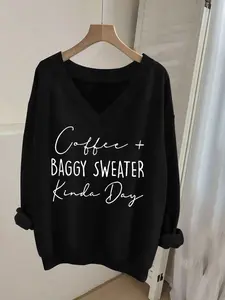 Women's Letter Print V-Neck Long Sleeve Sweatshirt, Casual Daily Wear Top, Comfortable Fashion Design, Perfect for Everyday Use
