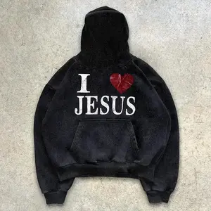 "I LOVE JESUS" Print Graphic Black Pullover Hoodie