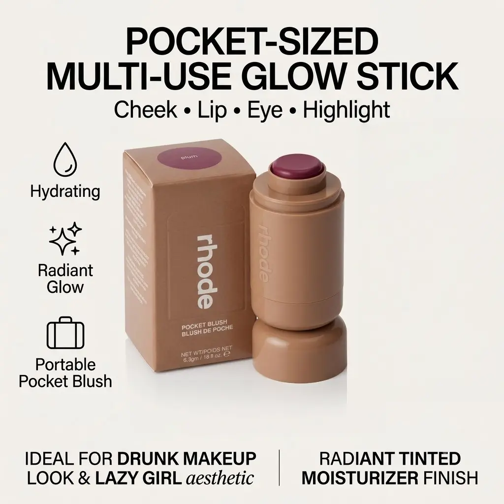 Portable Multi-Use Cosmetic Pocket Blush & Glow Stick - Creamy for Cheek, Lip, Eye & Highlighter, Waterlight Hydrating Formula, Ideal for Lazy Girl Aesthetic & Drunk Makeup, Radiant Tinted Moisturizer