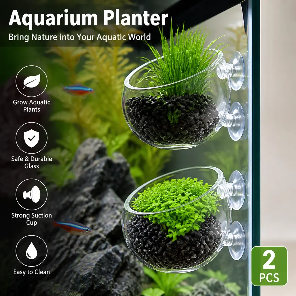 2-Pack Crystal Glass Aquarium Plant Pots with Suction Cups, Live Plant Holders for Fish Tank Decoration, Aquarium Supplies, Aquarium Decorations, Two Piece Sets
