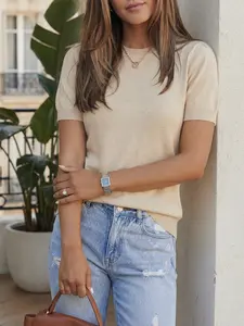 BOBA BOX Women's Wool Blend Short Sleeve Sweater Crewneck Knit Top for Work Office Business Casual Soft Wool Blend Knit Easy Business Casual Style - Denim, Womenswear