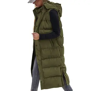 Women's Long Puffer Vest with Quilted Hood and Button Down Closure for Winter Coat - Tops, Womenswear
