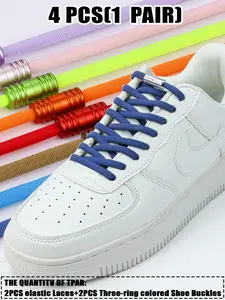 4 Pcs(1 Pair) Elastic Oval No-Tie Shoelaces with Three-Ring Colorful Metal Capsule Buckles, Unisex Sports Casual Shoes Half Round Footwear Lace
