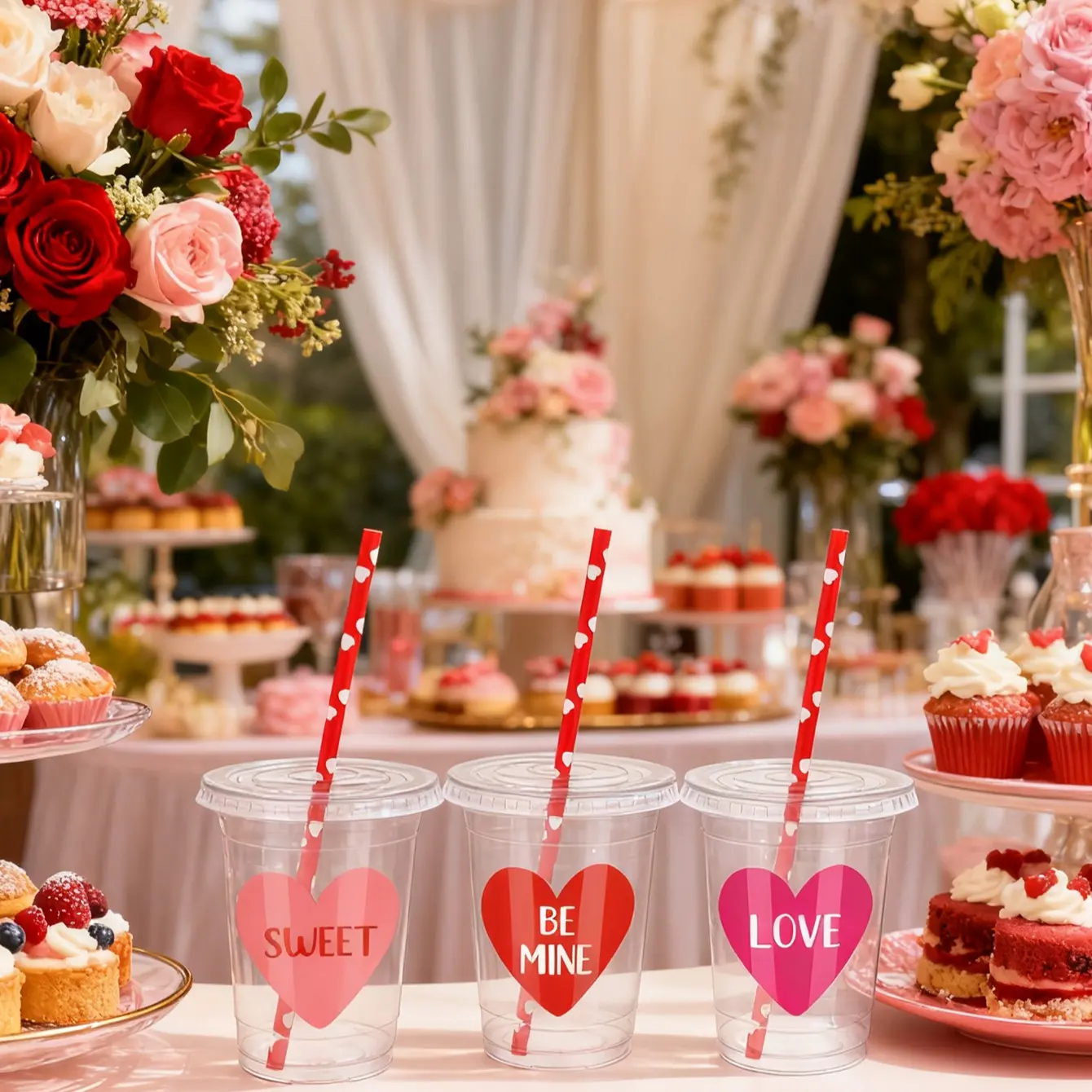 Valentine's Day Plastic Cups with Lids and Straws, Sweet My Love Heart Design, 20/40 Sets, Perfect for Parties, Weddings, Engagements