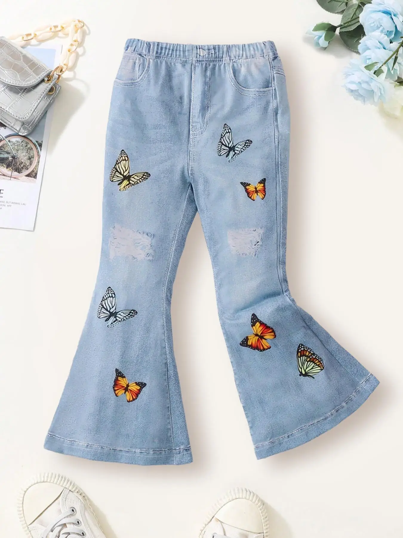 Girl's Butterfly Print Flare Leg Pants, Casual Comfy Bell Bottom Trousers for Daily Wear, Kids Bottoms for Summer