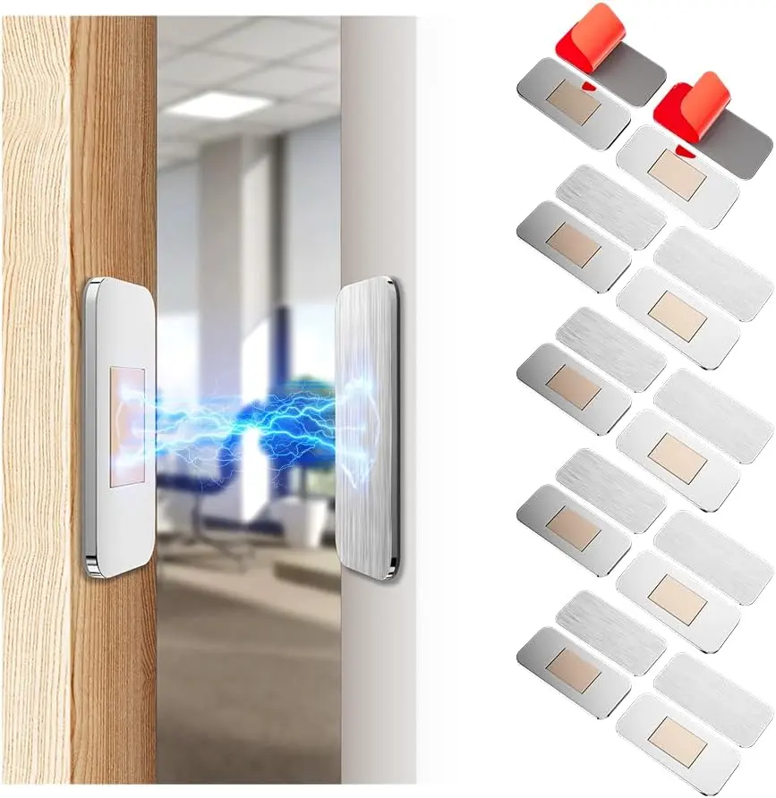 Heavy-Duty Stainless Steel Magnetic Cabinet Latch (8-Pack/12-Pack) - 0.08in Ultra-Thin, No-Screw Adhesive with Double Sided Tape, Easy to Install for Bedrooms, Children’s Closets, Manufacturer Warranty