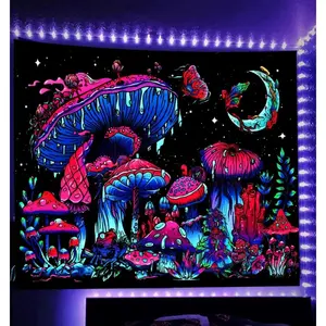 Blacklight Mushroom Tapestry, Glow In The Dark Black Light Plant Tapestry Fantasy UV Reactive Mushroom Butterfly Moon Tapestries Posters Wall Hanging for Bedroom Dorm Decor