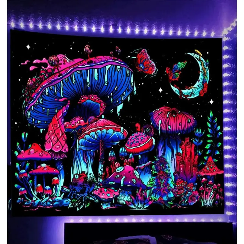 Black Light Mushroom Tapestry, Shining in the Dark Black Light Plant Tapestry Fantasy UV Reaction Mushroom Butterfly Moon Tapestry Poster Hanging on Dormitory Bedroom Decorative Wall