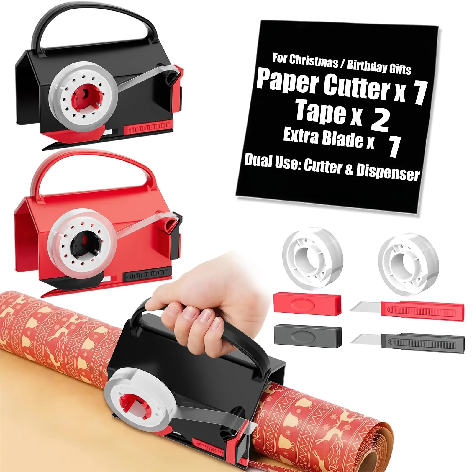 1-Pack Gift Wrapping Tools - Wrapping Paper Cutter & Tape Dispenser for Christmas Gifts, Boosts Packaging Efficiency, Creates Straight Cutting Lines, Includes 2 Tapes & 2 Replacement Blades Kit, Red & Black