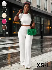 Women's Spring Summer Casual Basic Minimalist Short Sleeve Top + Long Pants Set, Fitted Plain, 2 Piece Set, Comfortable and Stylish, Outfit, Chic