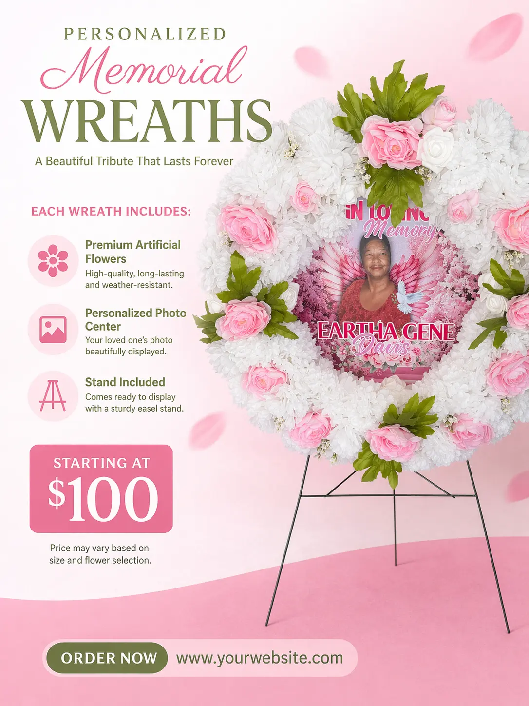 Custom Memorial Wreath with Photo | Personalized Funeral Flowers | Artificial Floral Tribute with Stand | In Loving Memory Keepsake