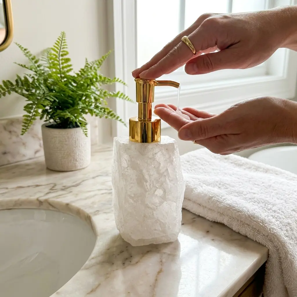 Natural Clear Quartz Crystal Soap Dispenser with Gold Pump and Gift Box, Hand-Carved Raw Gemstone Refillable Lotion Pump Bottle for Bathroom Vanity Decor, Luxury Skincare Cosmetic Dispenser Gift for Women