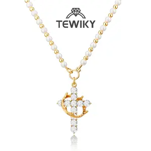 Tewiky Gold Pearl Beaded Crown Cross Necklace for Women, 4mm Pearls 3mm Beads Dainty Layered Style Jewelry Gift For Easter