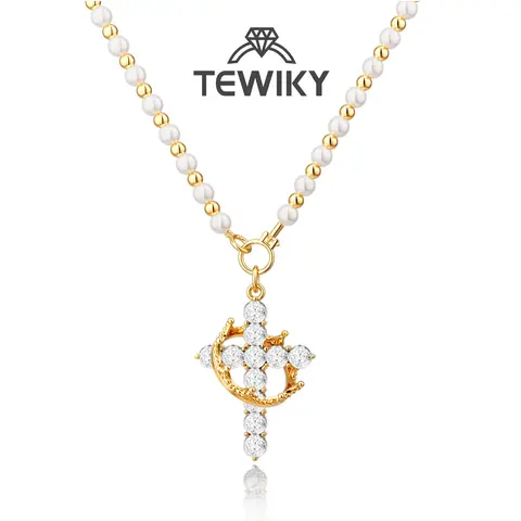 Tewiky Gold Pearl Beaded Crown Cross Necklace for Women, 4mm Pearls 3mm Beads Dainty Layered Style Jewelry Gift For Easter Back To School