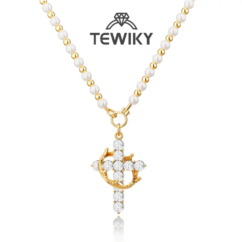 Tewiky Gold Pearl Beaded Crown Cross Necklace for Women, 4mm Pearls 3mm Beads Dainty Layered Style Jewelry Gift For Easter Back To School