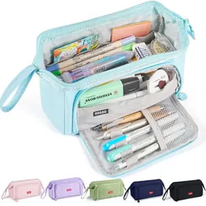 Pencil case with large capacity and compartments, durable canvas pencil case with zipper and handle, suitable for girls, adults and ladies, portable pencil case and stationery storage bag, suitable for office, school and travel