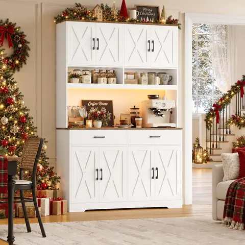 【FallDealsForYou】HOSTACK 75" Tall Kitchen Pantry Cabinet with Charging Station & RGB LED Lights, Farmhouse Kitchen Storage Cabinet with Adjustable Shelves, Christmas Gift, Home essentials