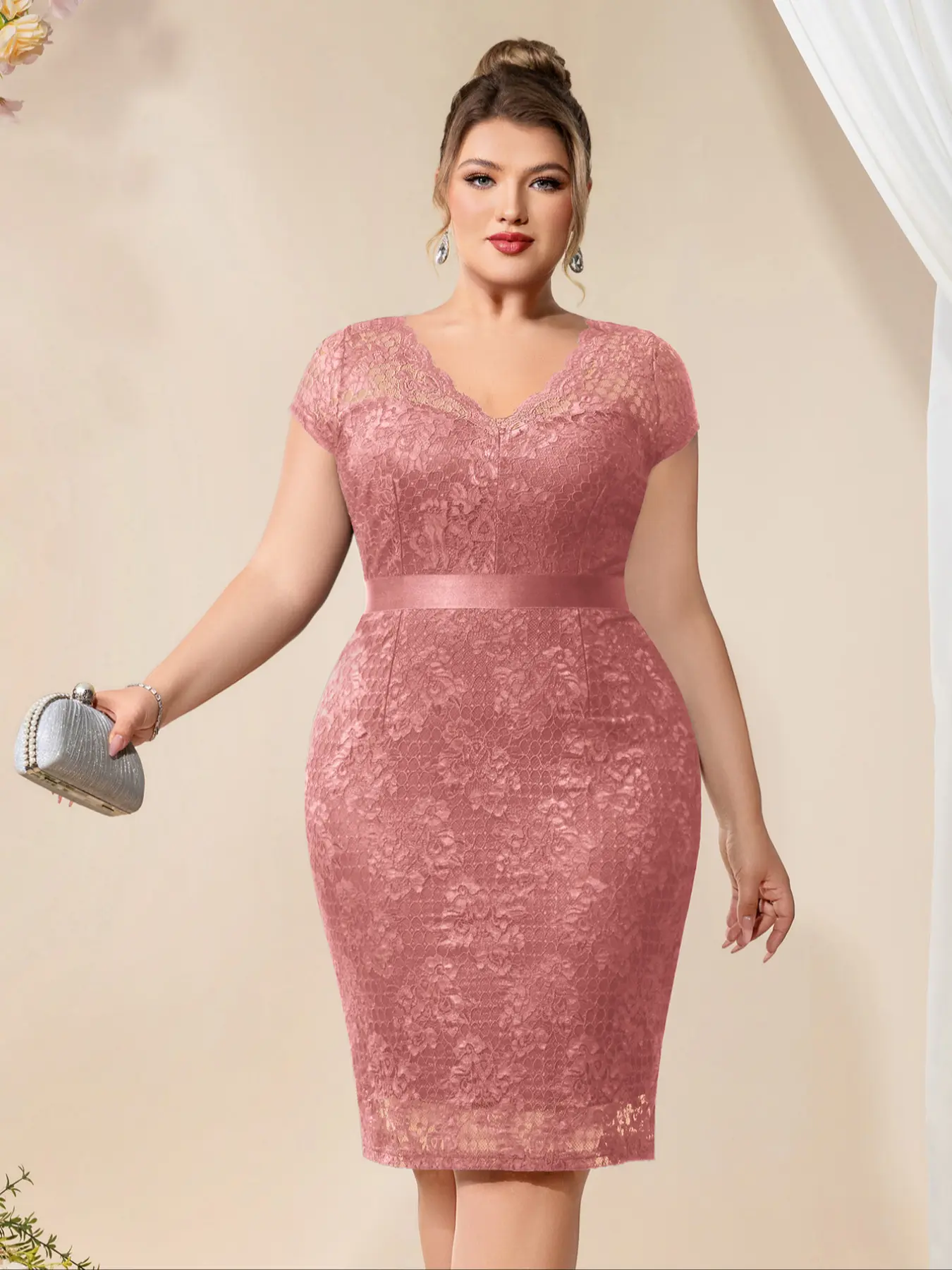 MISSMAY P54365A Plus Size V-Neck Full Floral Lace Ribbon Waist Cocktail Party Bodycon Dress, Wedding Guest Dress, Business Work Dress, For Birthday, Graduation