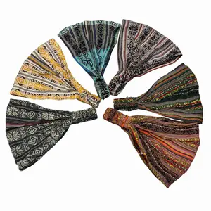 Boho Wide Soft Stretchy Cotton Yoga Headband for Women & Men - One Size Fits 20-25" - Bohemian Style Accessories Textured Cotton Elastic Hair Band, One Size, Includes ONE item