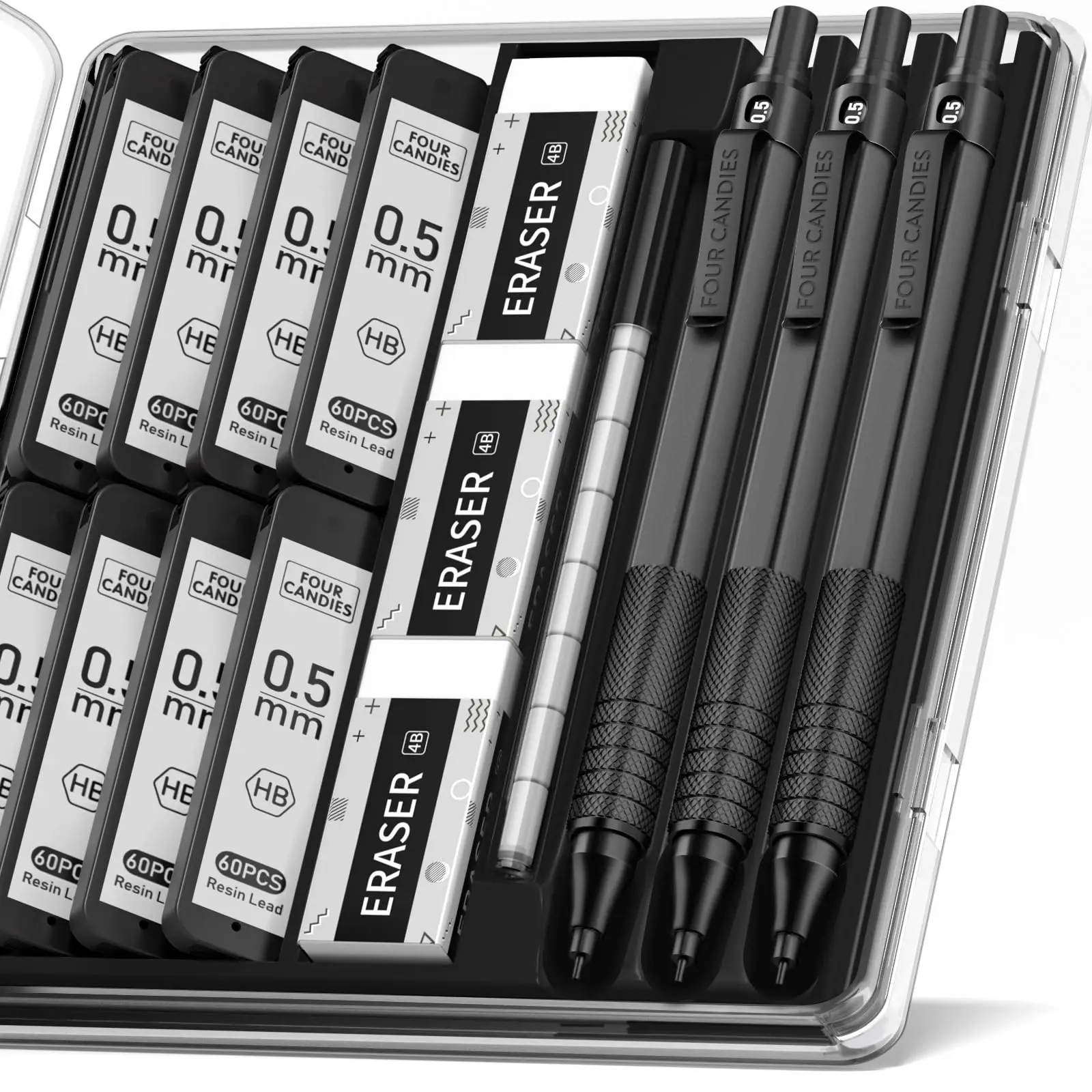 Four Candies 0.5mm Mechanical Pencil Set with Case, 3PCS Metal Artist Lead Pencil with 8 Tubes (480PCS) HB Lead Refills, 3 Erasers, 9 Eraser Refills F